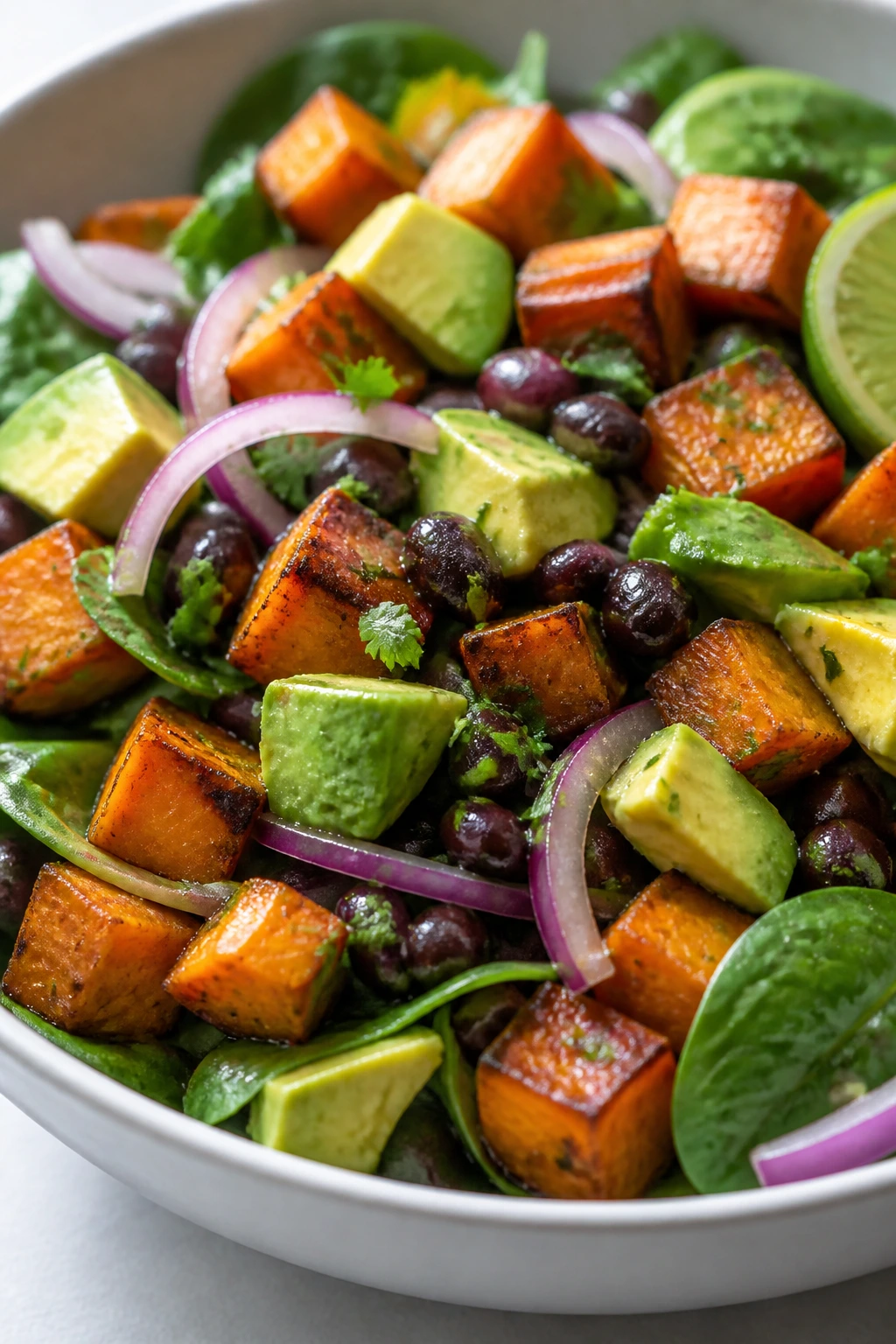 Roasted sweet potato and black bean salad in a bowl with greens and avocado