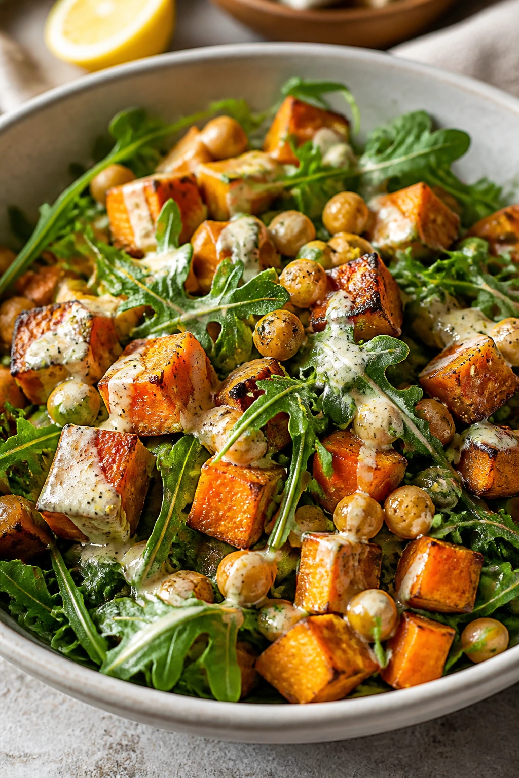 Close-up of roasted sweet potato and chickpea salad with arugula and tahini dressing