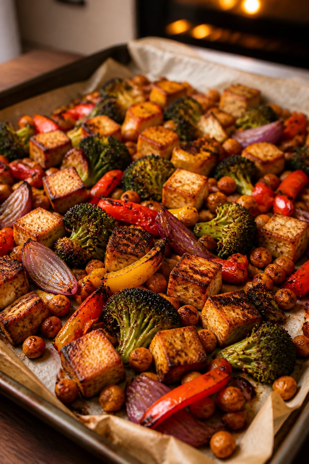 Close-up of roasted tofu, chickpeas, broccoli, and peppers on a parchment sheet pan.