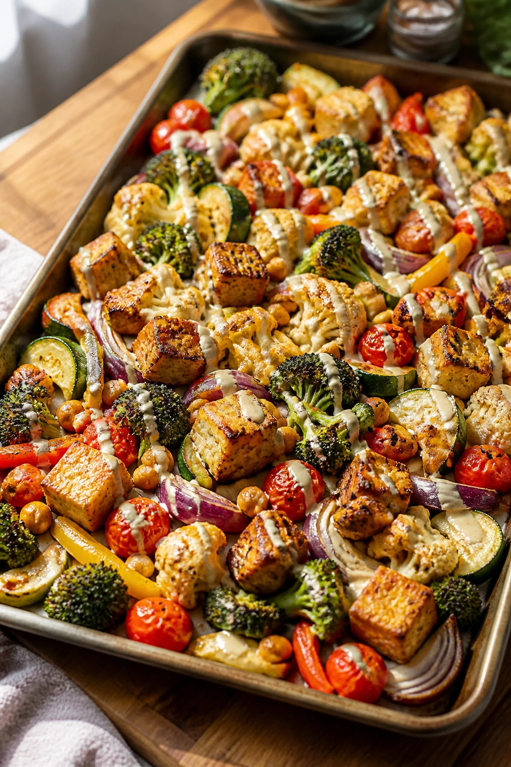 Close-up of a roasted veggie tray with crispy tofu, chickpeas, broccoli, cauliflower, peppers, onions, zucchini, tomatoes, and lemon-tahini drizzle