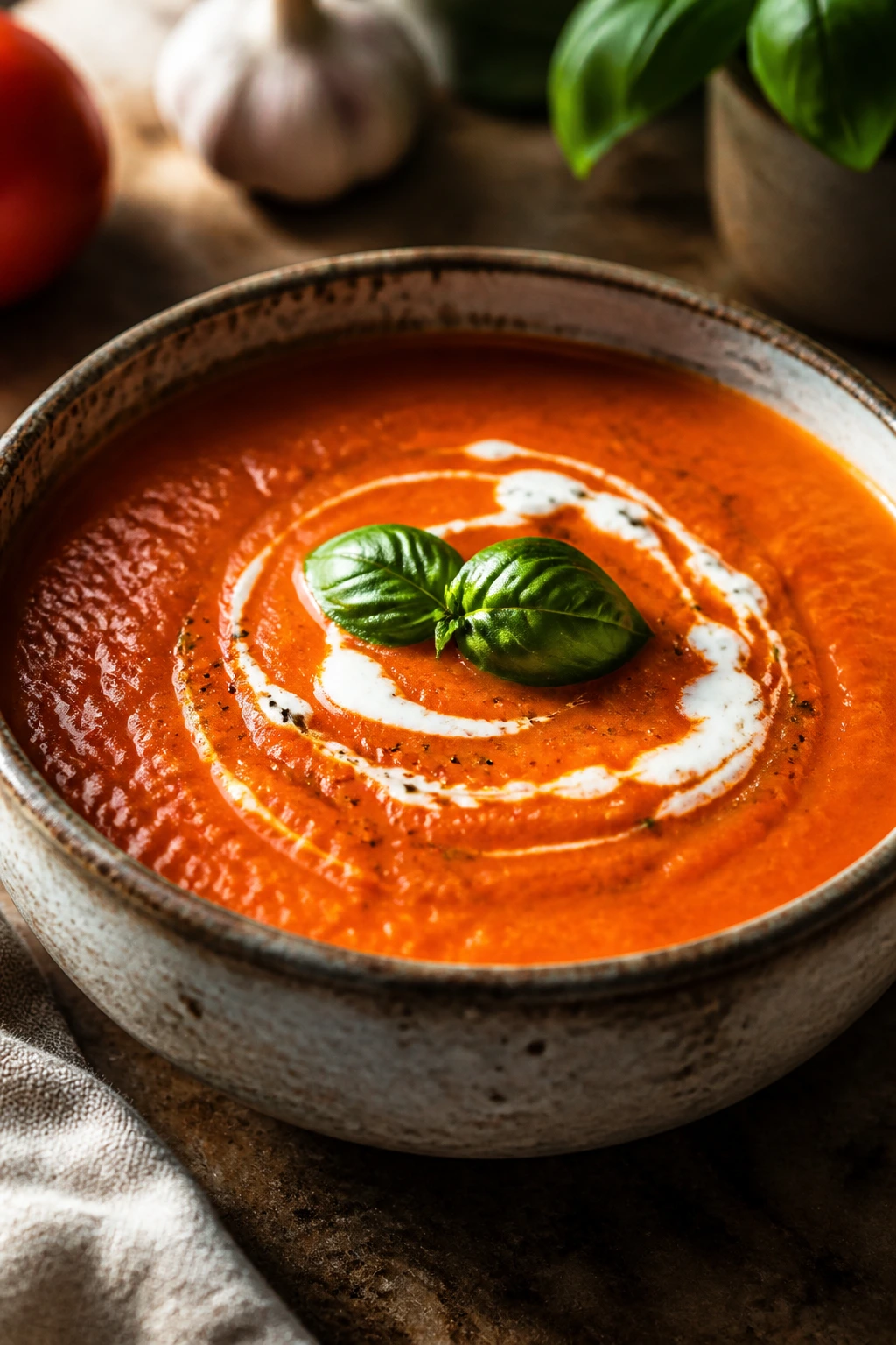 Bright red roasted tomato basil soup in rustic bowl with basil