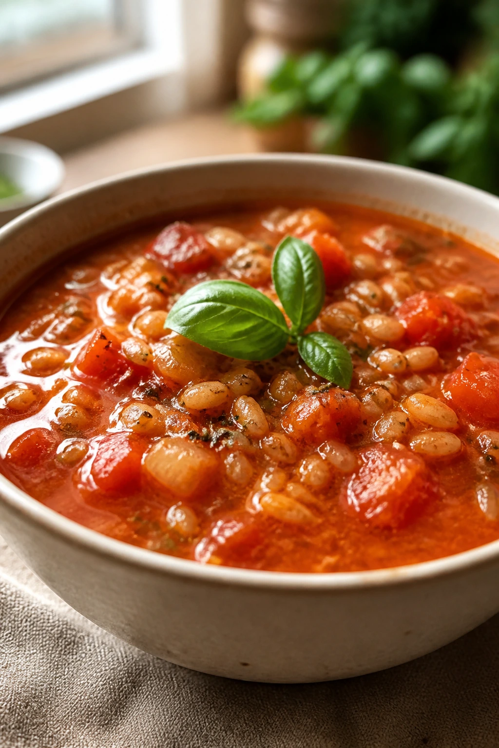 Close-up of roasted tomato farro soup with farro grains and basil