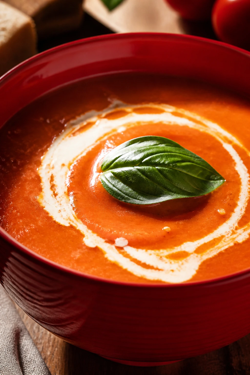 Bright roasted tomato garlic soup in a white bowl with cream swirl and basil.