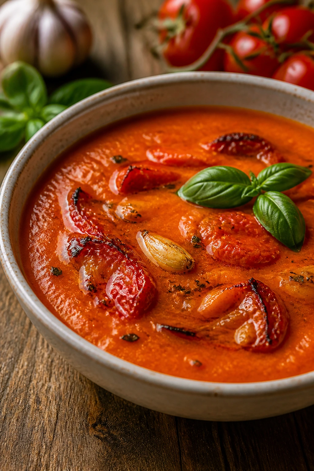 Close-up of roasted tomato and garlic soup in a bowl