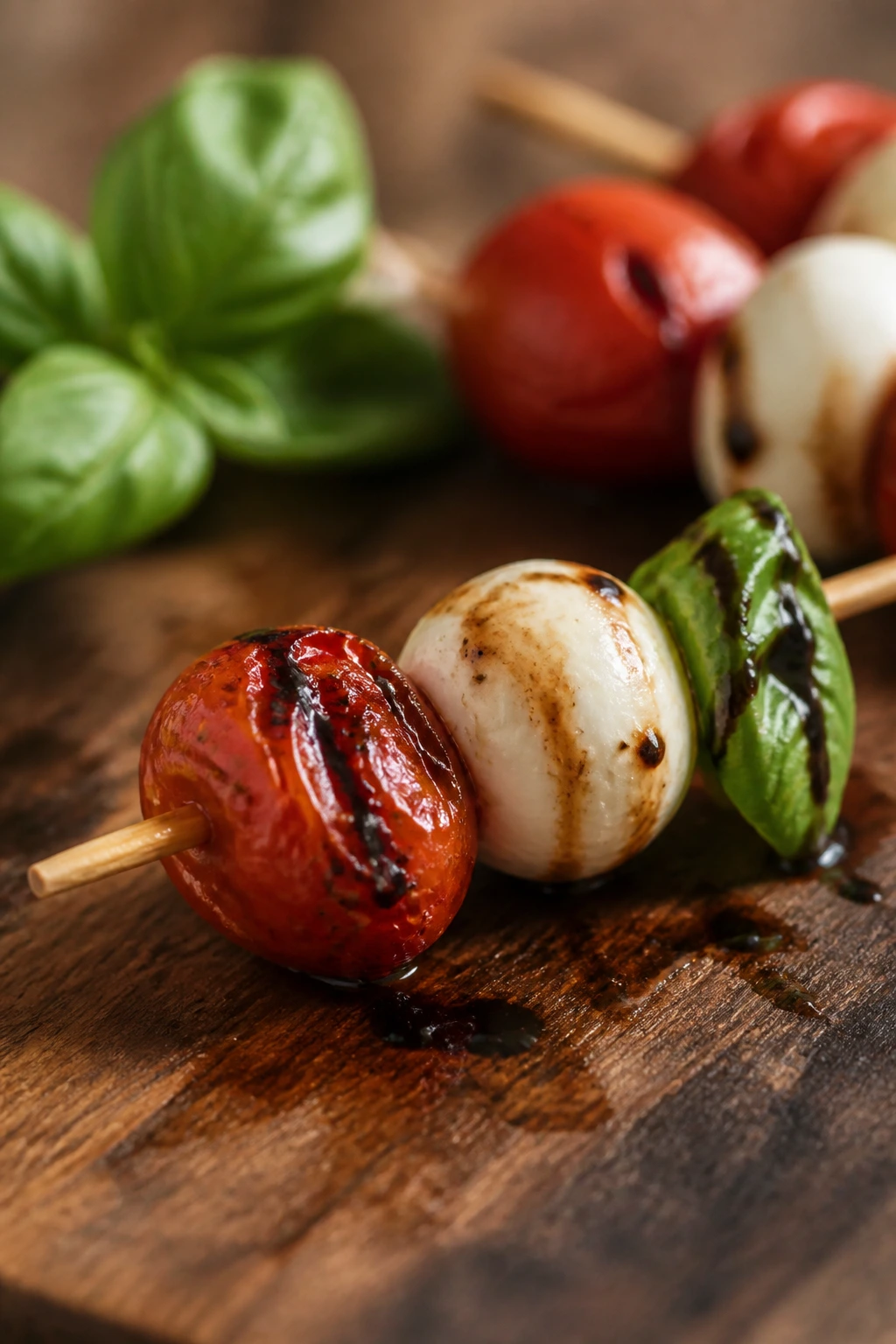 Close-up of a roasted grape tomato Caprese skewer with mozzarella and basil on a wooden board