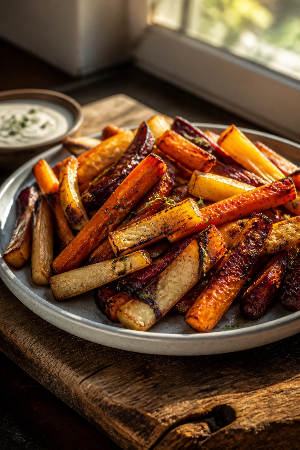 Plate of browned-edge roasted veggie fries on a rustic board