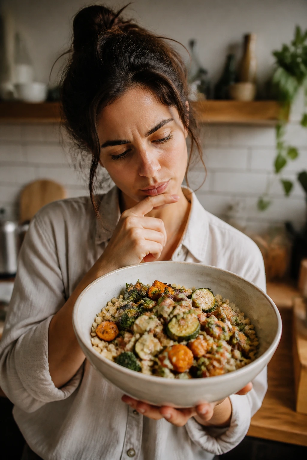 Real person contemplating a roasted vegetable rice bowl in a cozy kitchen