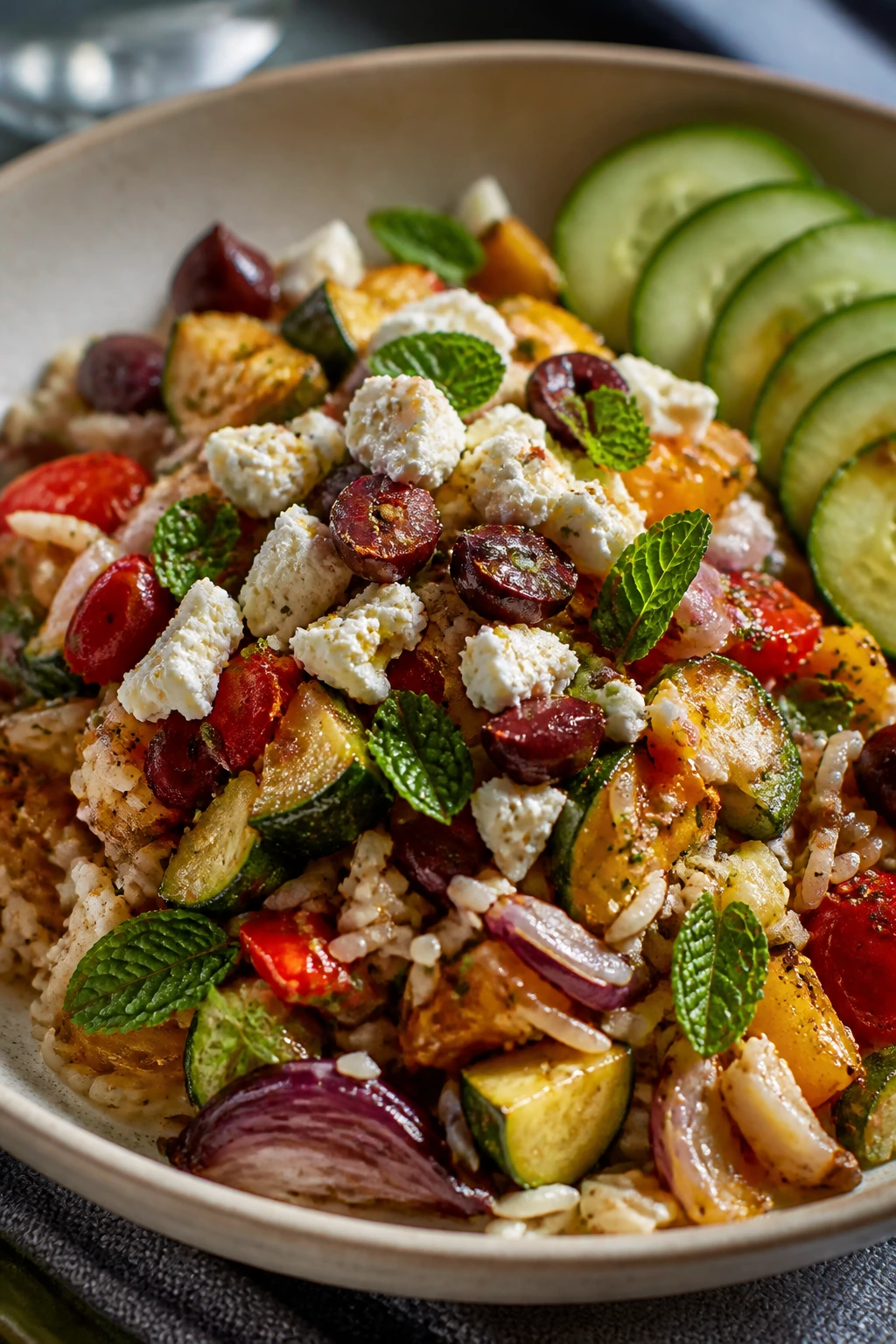 Mediterranean variation of roasted vegetable rice with olives, feta, and cucumber