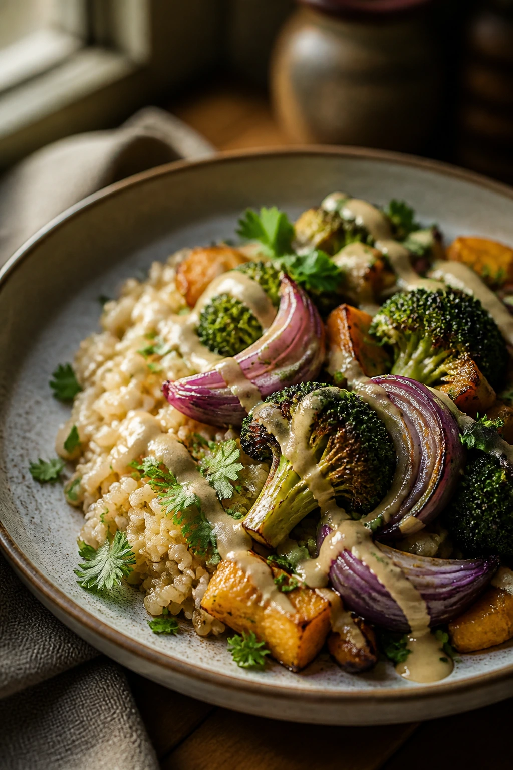 Close-up roasted vegetable rice bowl off-center with broccoli and red onion, tahini drizzle