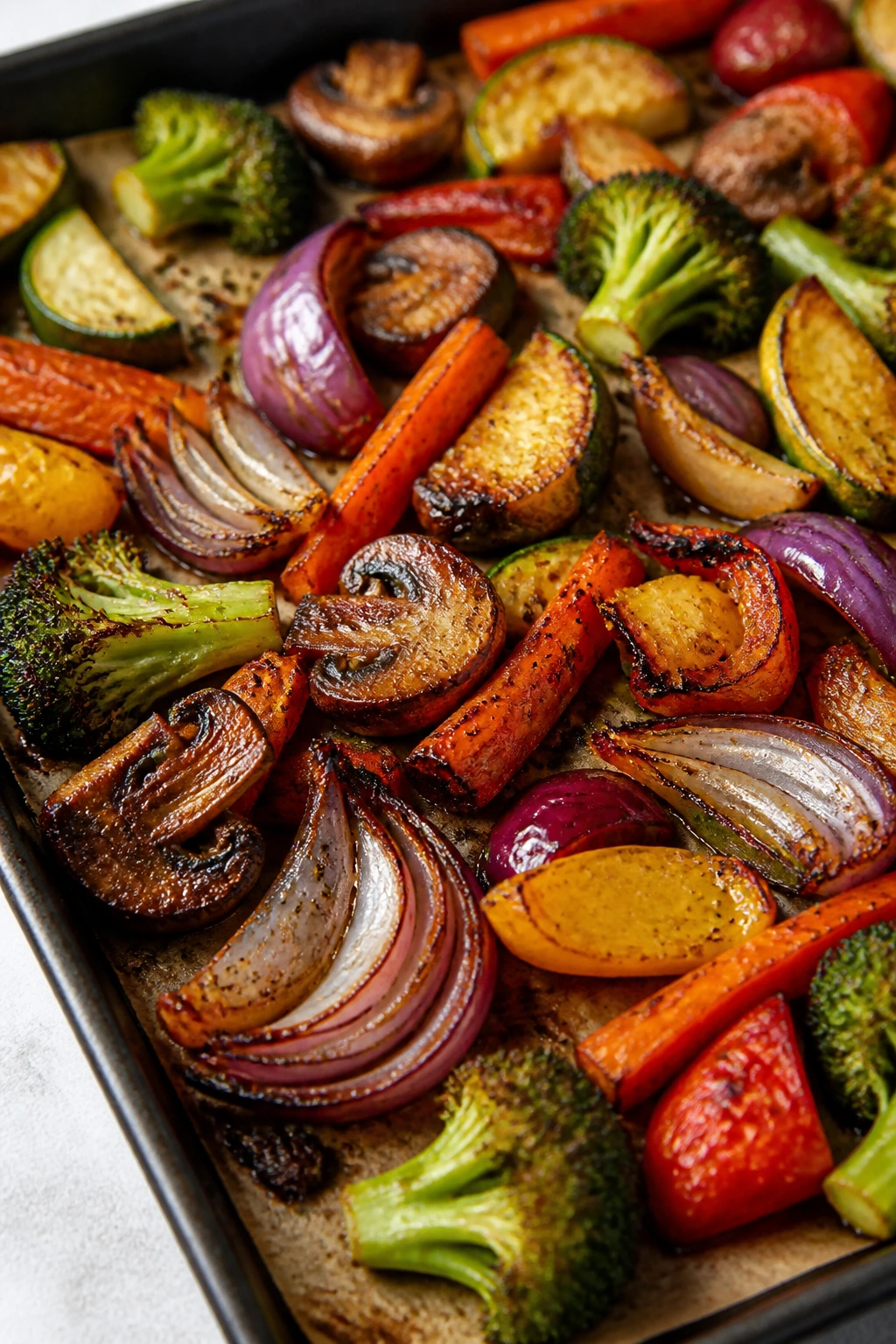 Roasted vegetables with deep golden edges on sheet pan