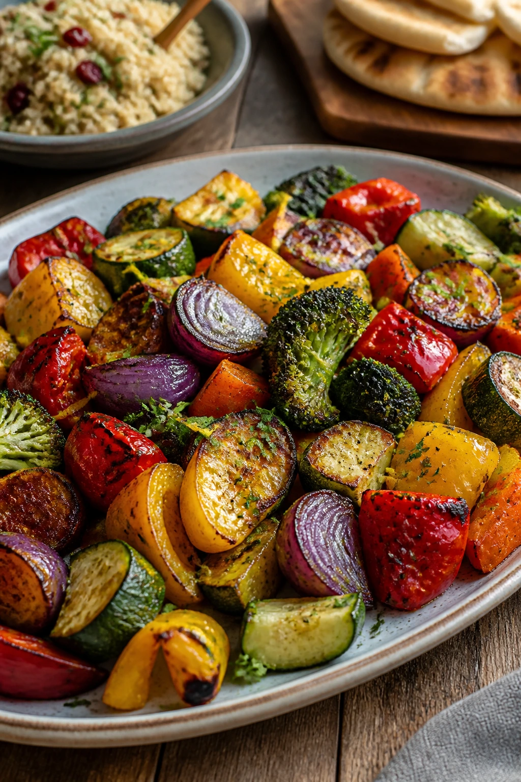 Close-up of roasted vegetables on a platter with lemon and parsley, suggesting accompaniments