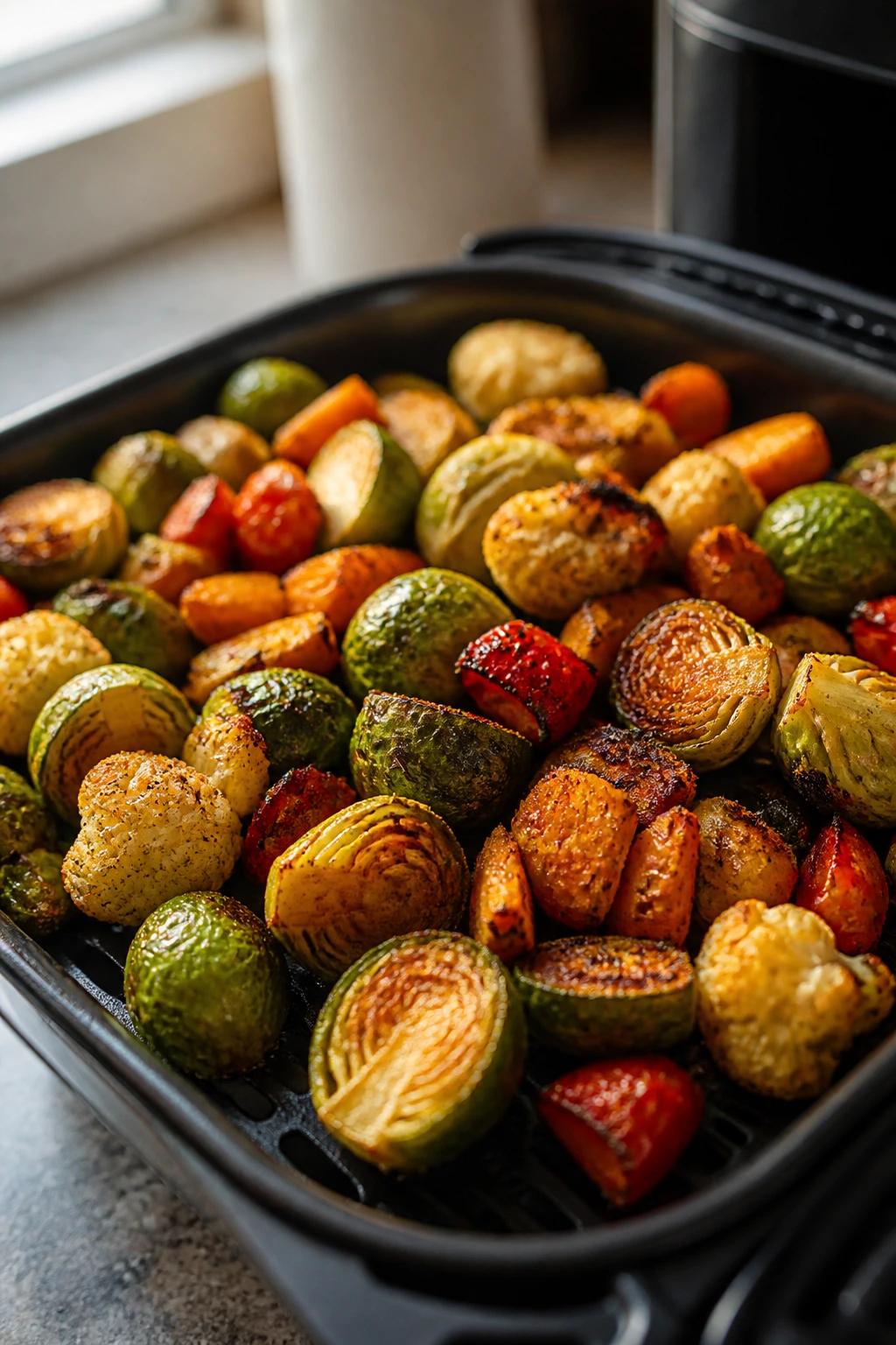Crisp roasted vegetables from air fryer on kitchen counter