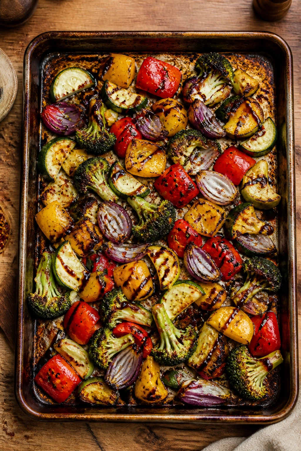 Sheet-pan roasted vegetables with balsamic glaze and red pepper flakes