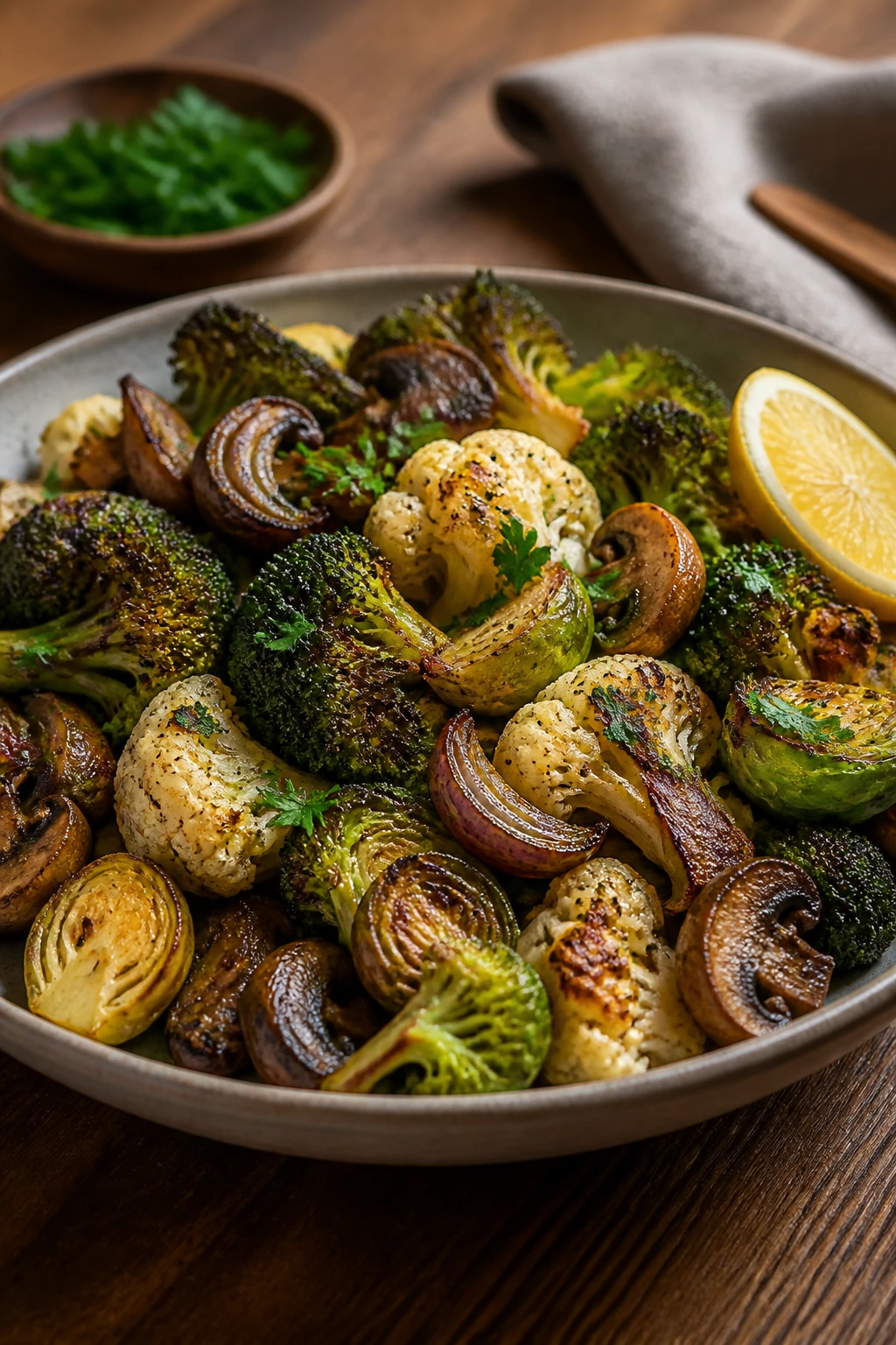 Bowl of roasted vegetables arranged as a healthy dinner with parsley and lemon