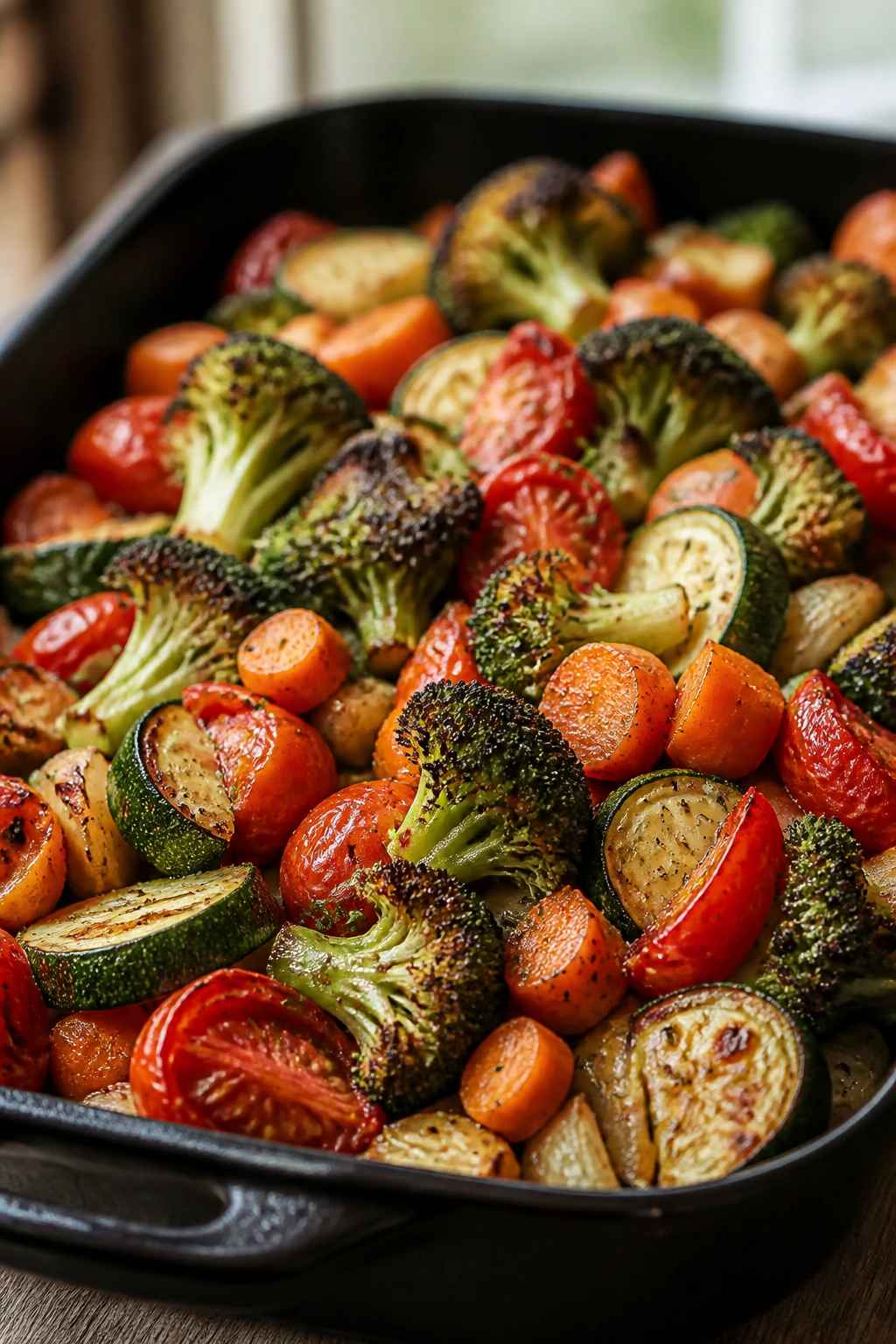 Close-up of colorful roasted vegetables filling a pan