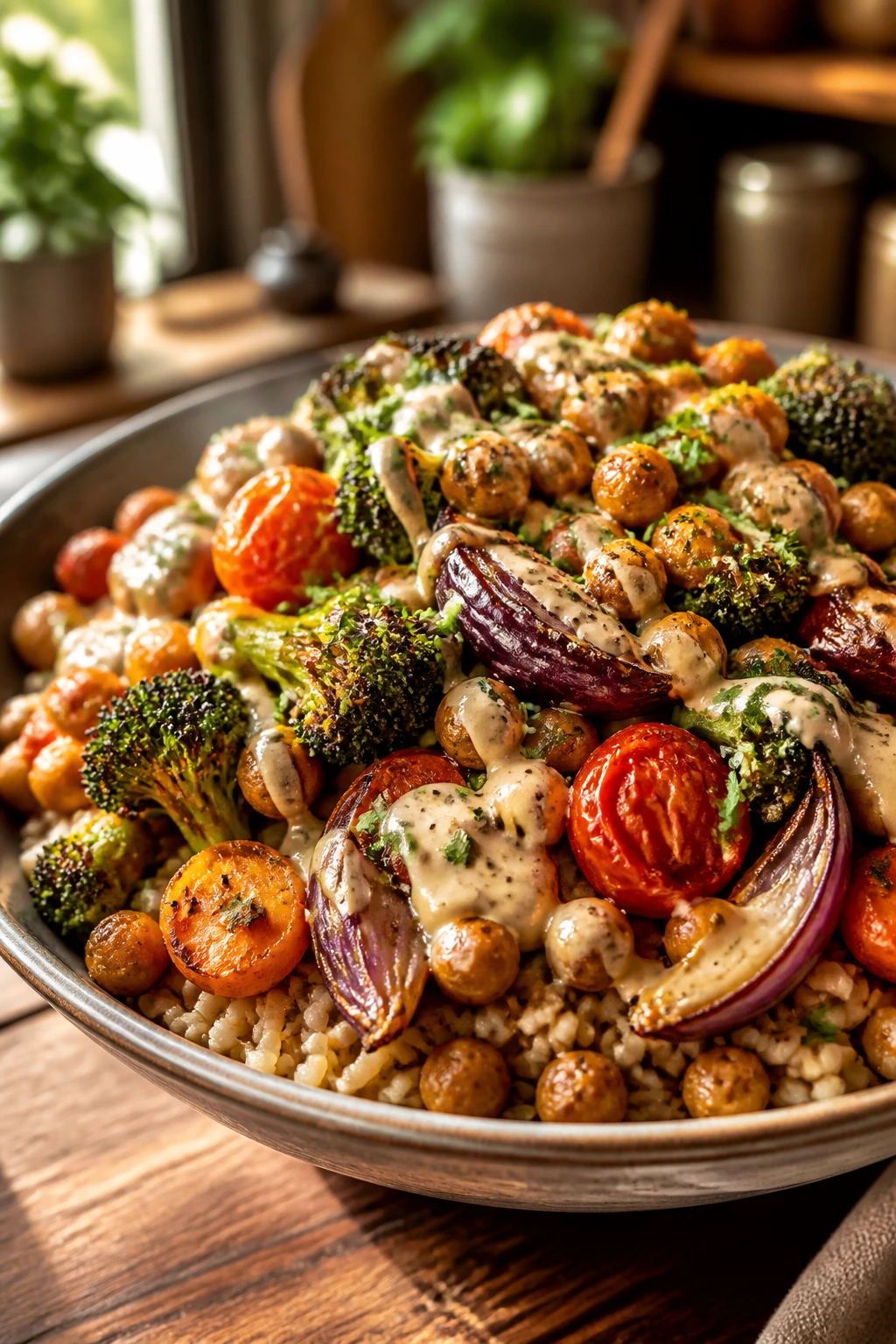 Close-up of a roasted vegetable brown rice bowl with broccoli, carrots, onions, chickpeas and tahini drizzle