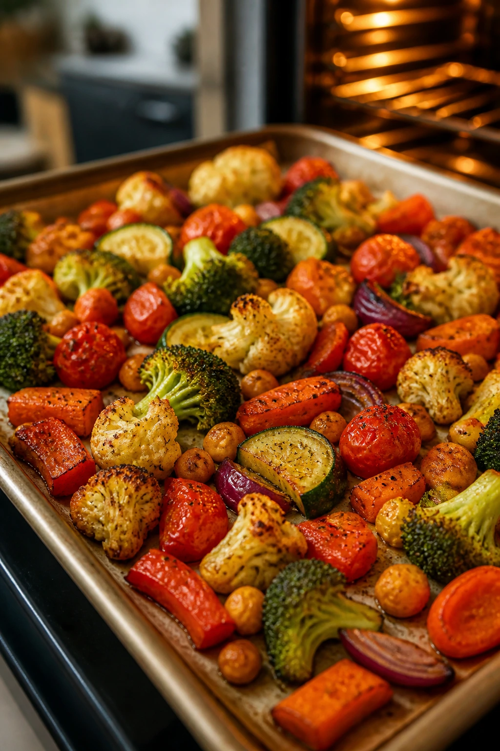 Sheet pan roasted vegetables browning in the oven
