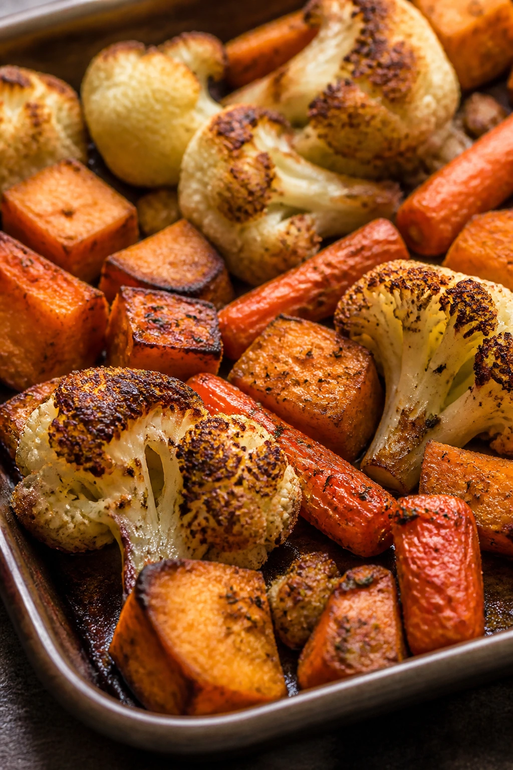 Vegetables browning on sheet pan in oven light