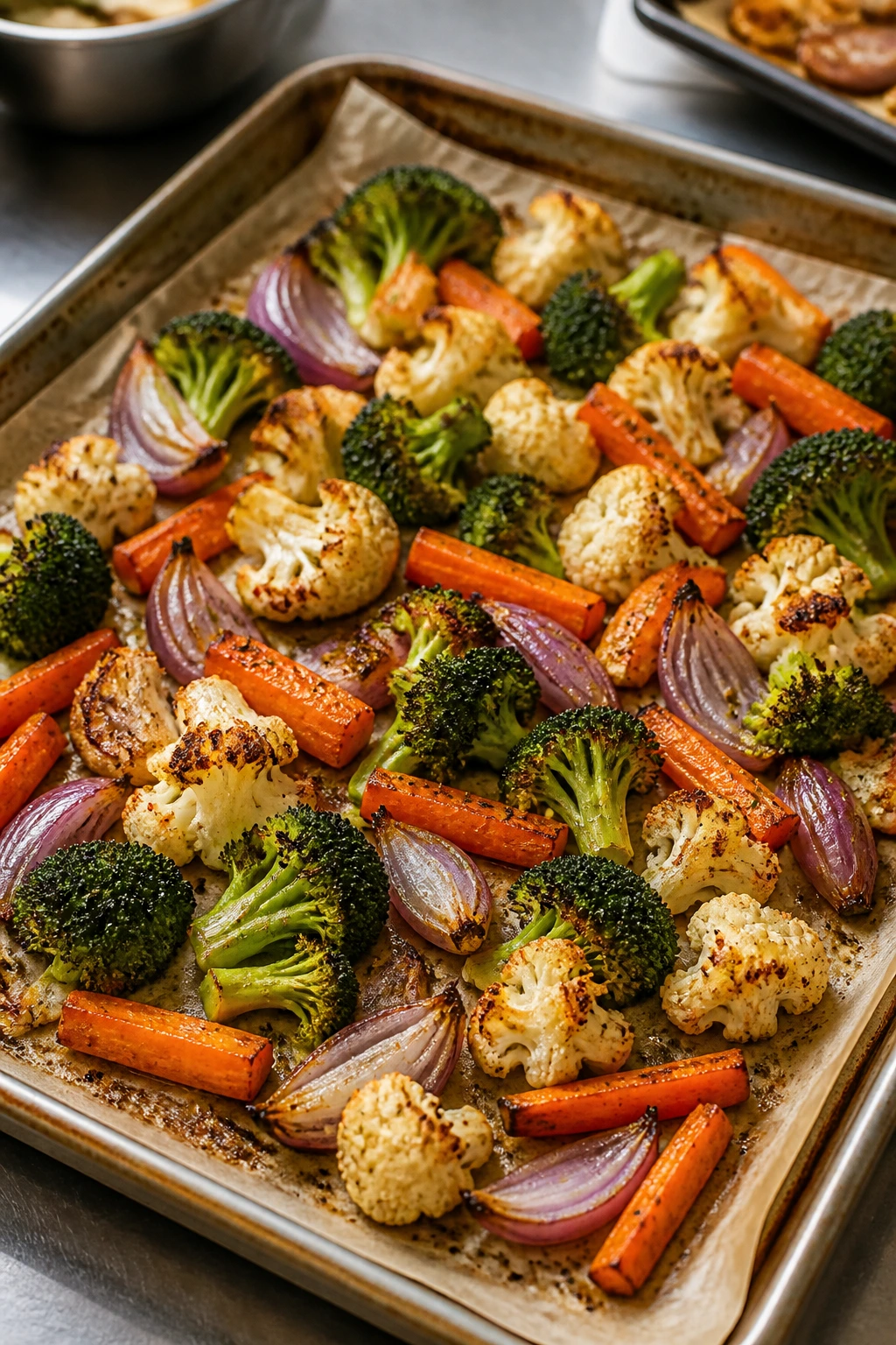 Sheet pan with browned broccoli, cauliflower, carrots, and red onion ready to roast
