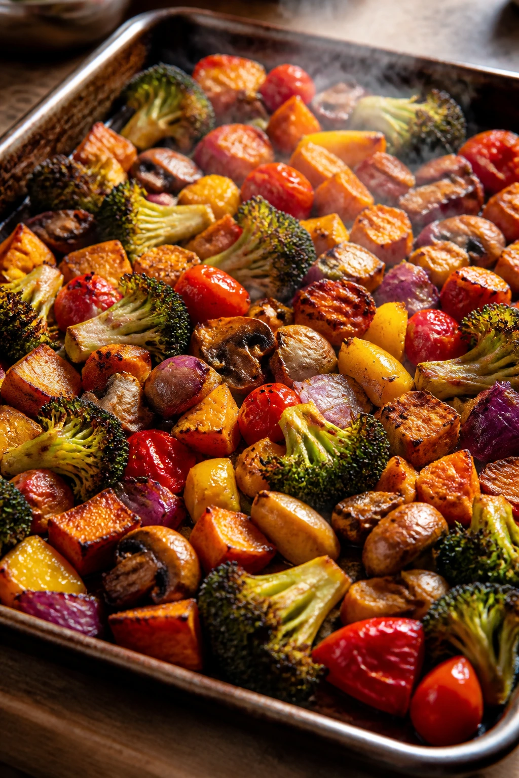 Sheet-pan with caramelized vegetables filling the frame