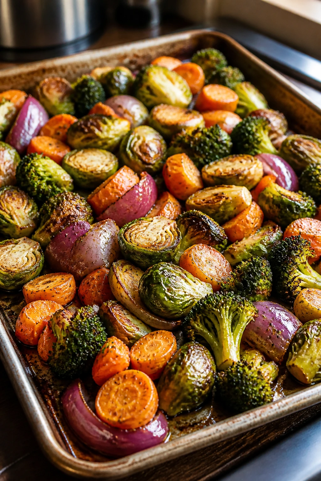 Close-up of a roasting sheet with carrots, Brussels sprouts, red onion, and broccoli browning in the oven