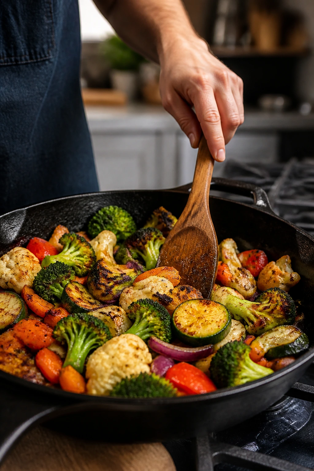Close-up of browned-edge roasted vegetables cooking in a cast-iron skillet