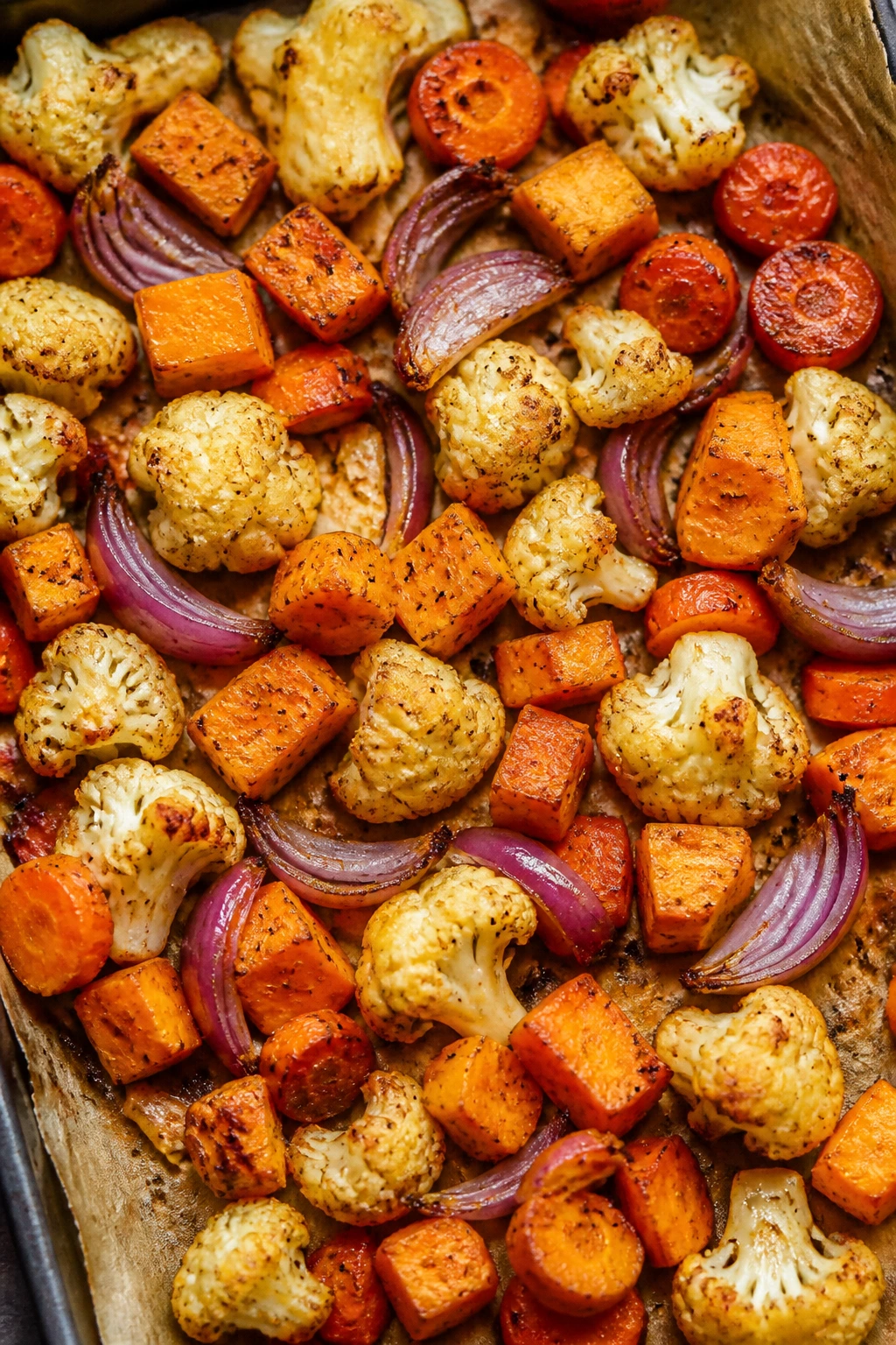 Colorful roasted vegetables on parchment-lined sheet pan