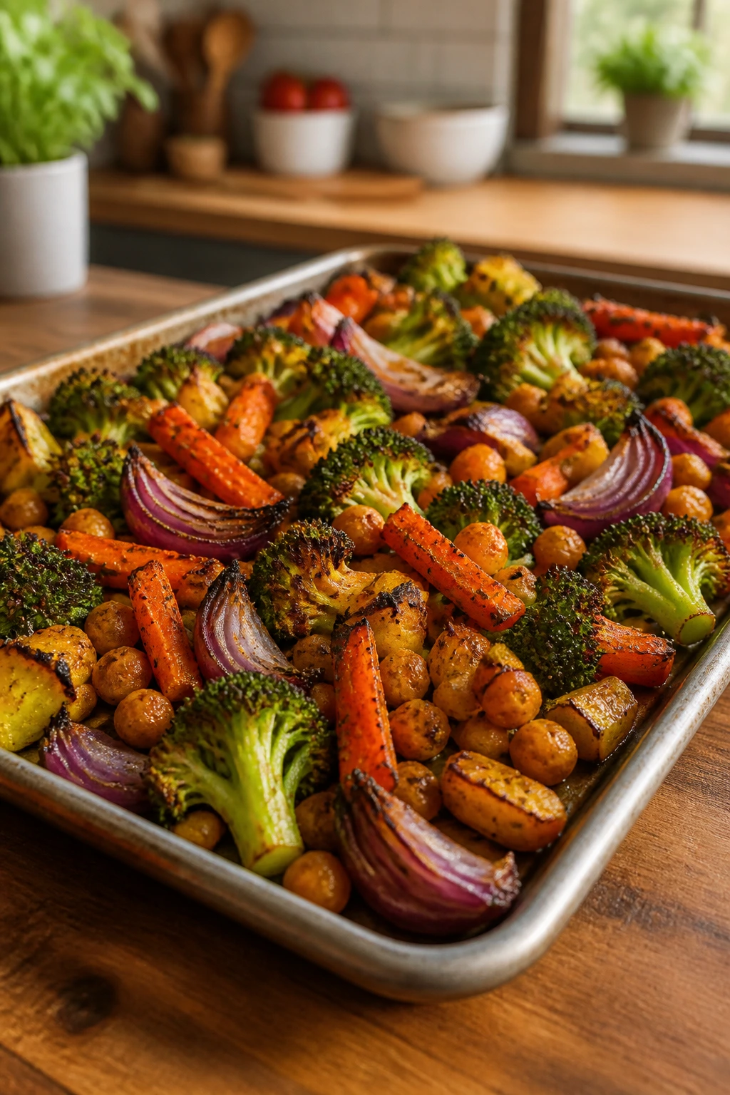 Roasted vegetables with chickpeas on a tray ready for dinner in a bright kitchen