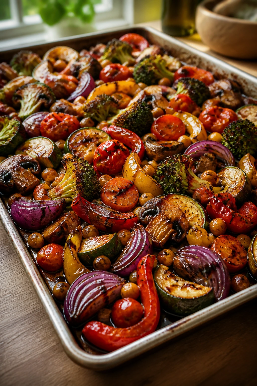 Close-up of roasted vegetables and chickpeas on a sheet pan with browned edges and glaze