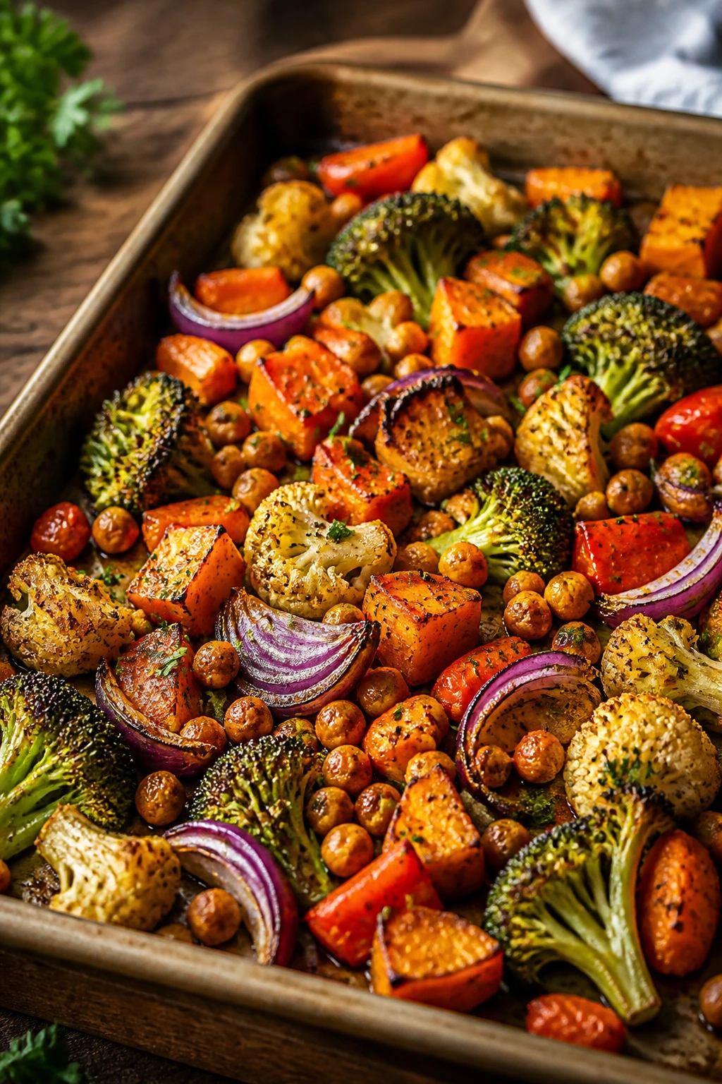 Close-up of a sheet pan with roasted vegetables and chickpeas on a wooden counter