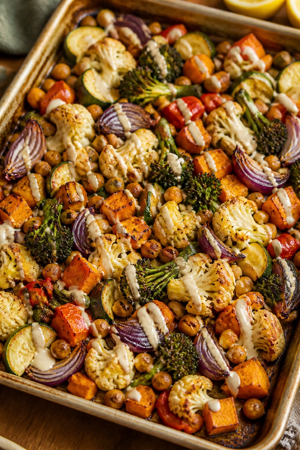 Close-up of lemon-garlic roasted vegetables with chickpeas and tahini drizzle on a sheet pan