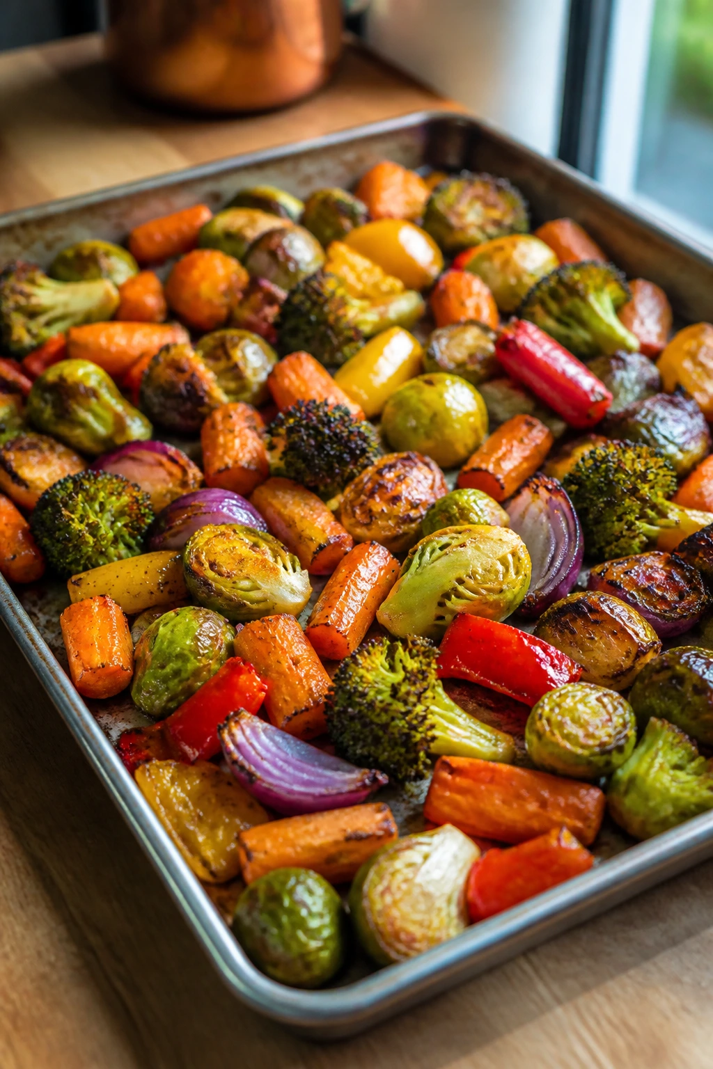 Close-up of a sheet pan filled with colorful roasted vegetables on a wooden counter