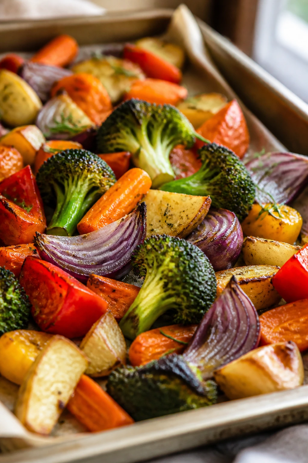 Close-up of colorful roasted vegetables filling the frame on a sheet pan
