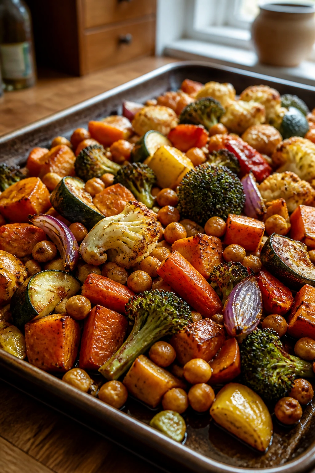 Close-up of a sheet pan of browned roasted vegetables in a warm kitchen
