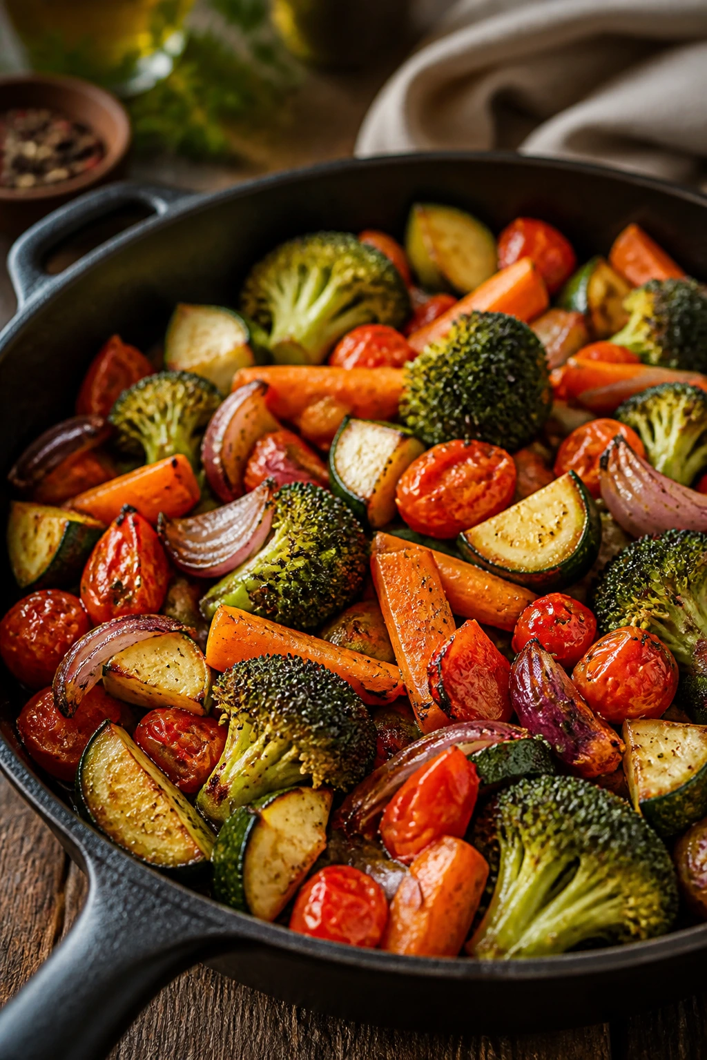 Colorful roasted vegetables in a dinner pan