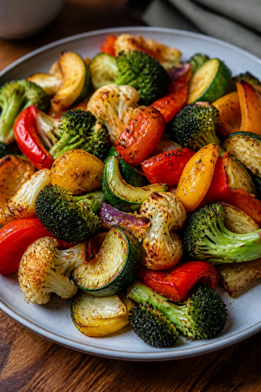 Colorful roasted vegetables filling the dinner plate.