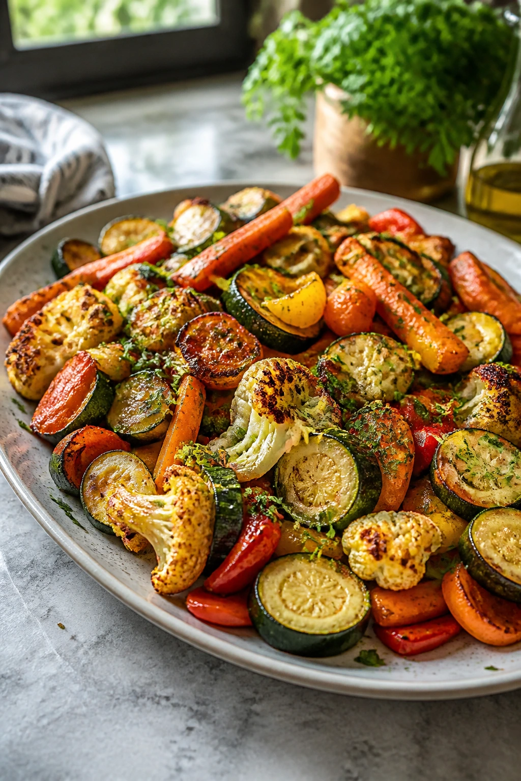 Close-up of a vibrant roasted vegetable platter with browned edges and parsley garnish