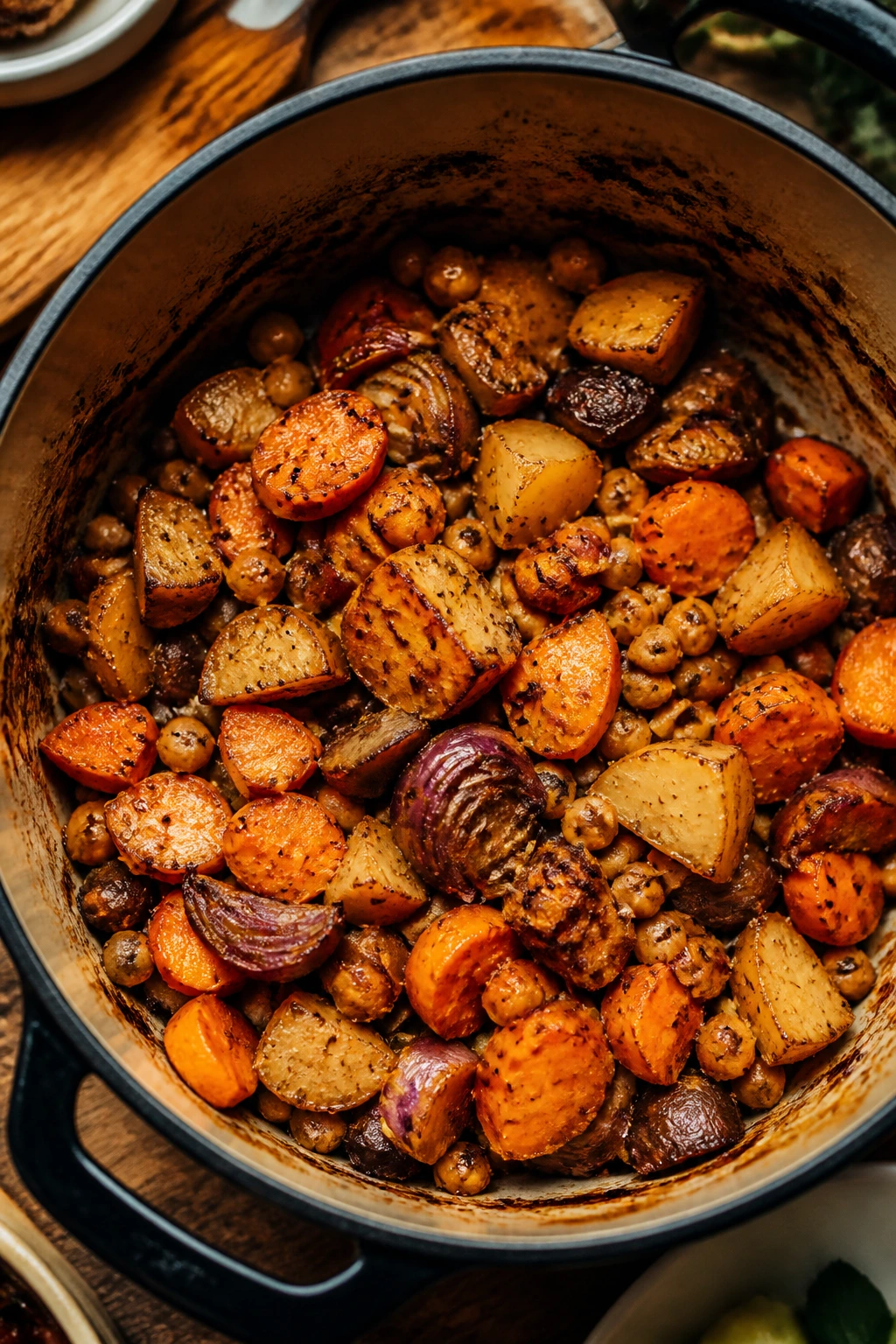 Dutch oven filled with roasted vegetables