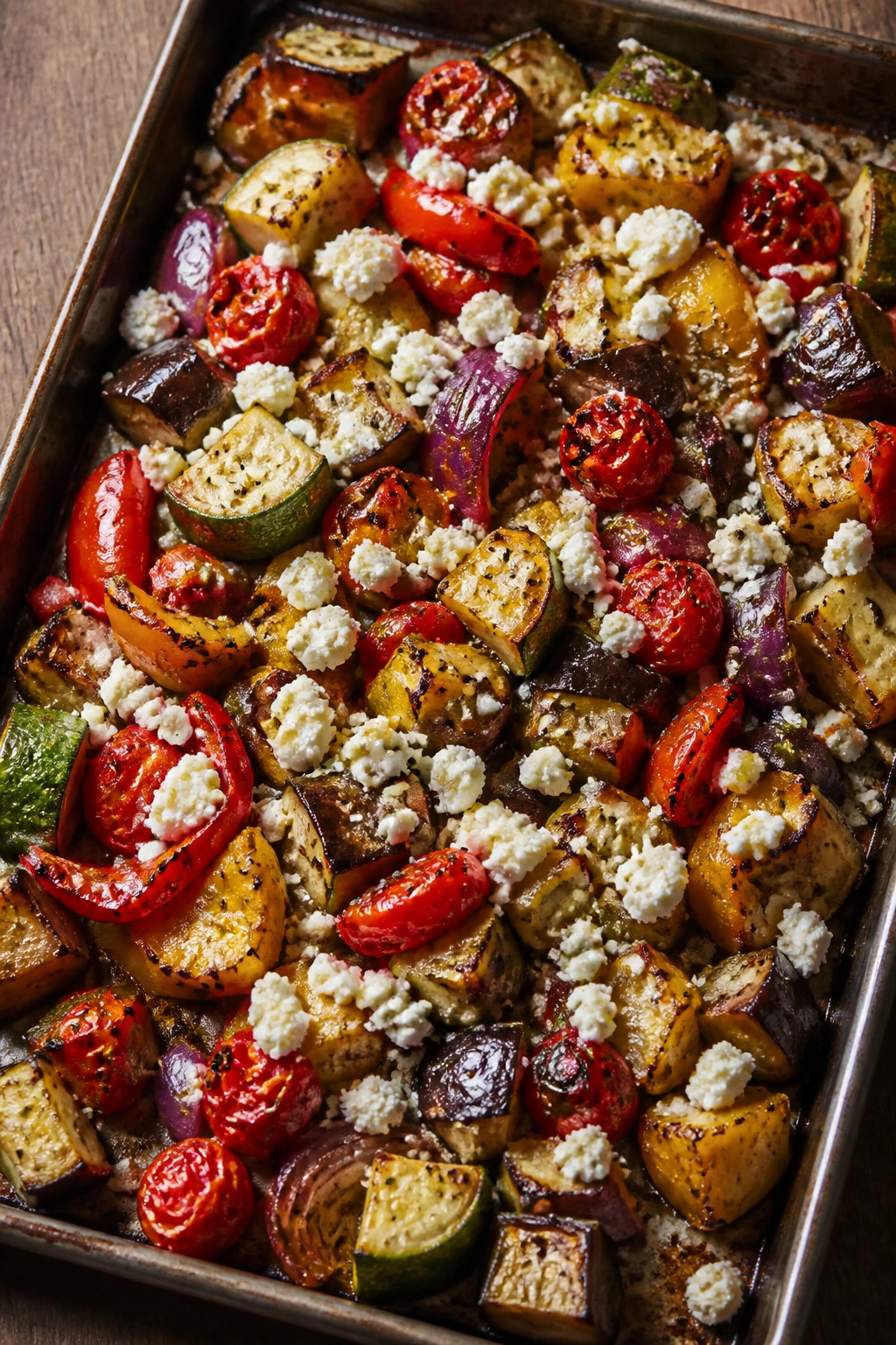 Colorful Mediterranean roasted vegetables with feta