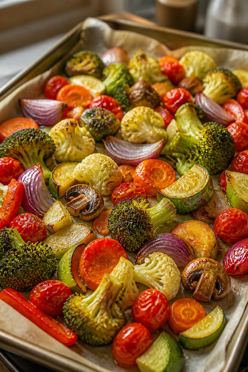 Close-up of garlicky roasted vegetables with broccoli, cauliflower, carrots, and tomatoes on parchment-lined sheet pan