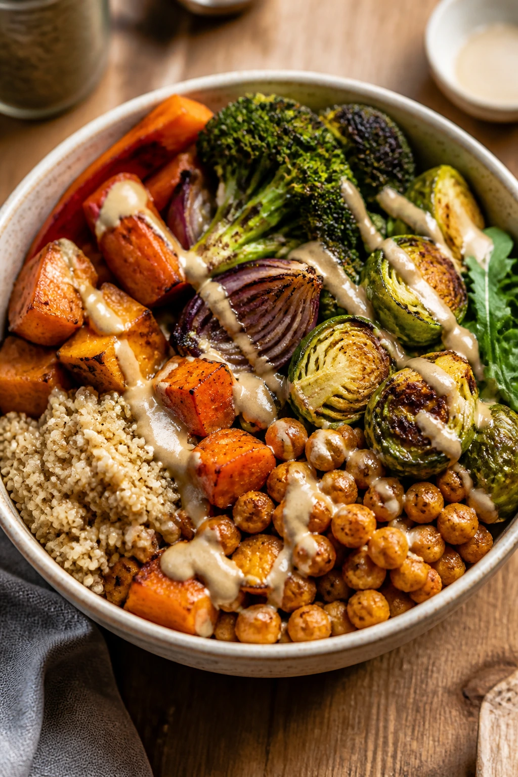 Bowl of roasted vegetables with grains and chickpeas