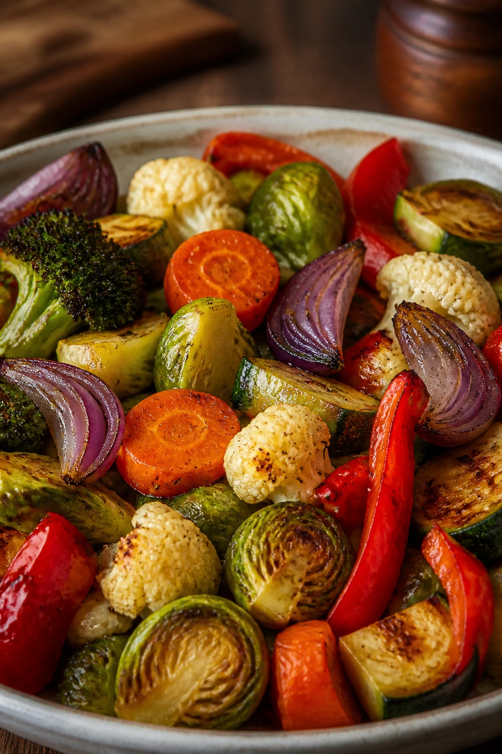 Close-up of a vibrant medley of roasted vegetables filling the frame