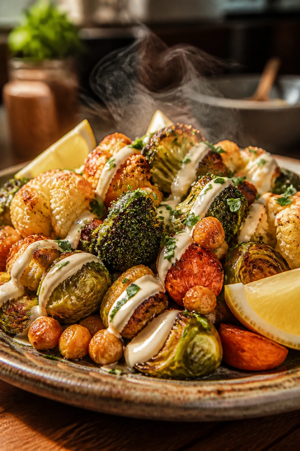 Steaming plate of roasted vegetables with lemon-tahini drizzle