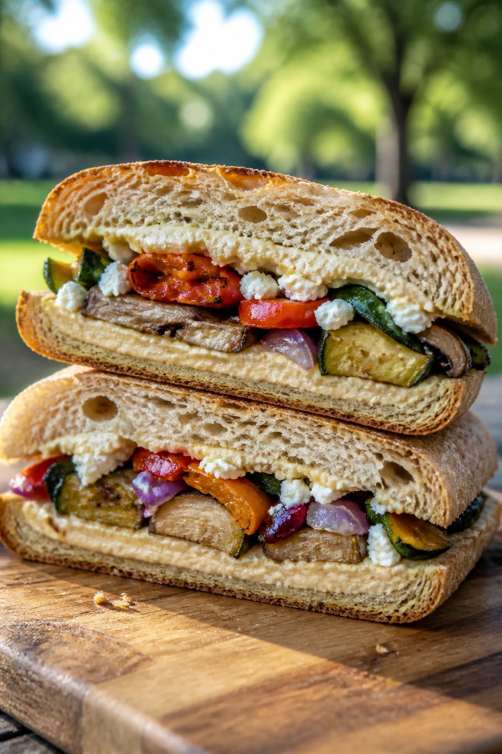 Close-up of roasted vegetable hummus sandwich with feta outdoors on a wooden board