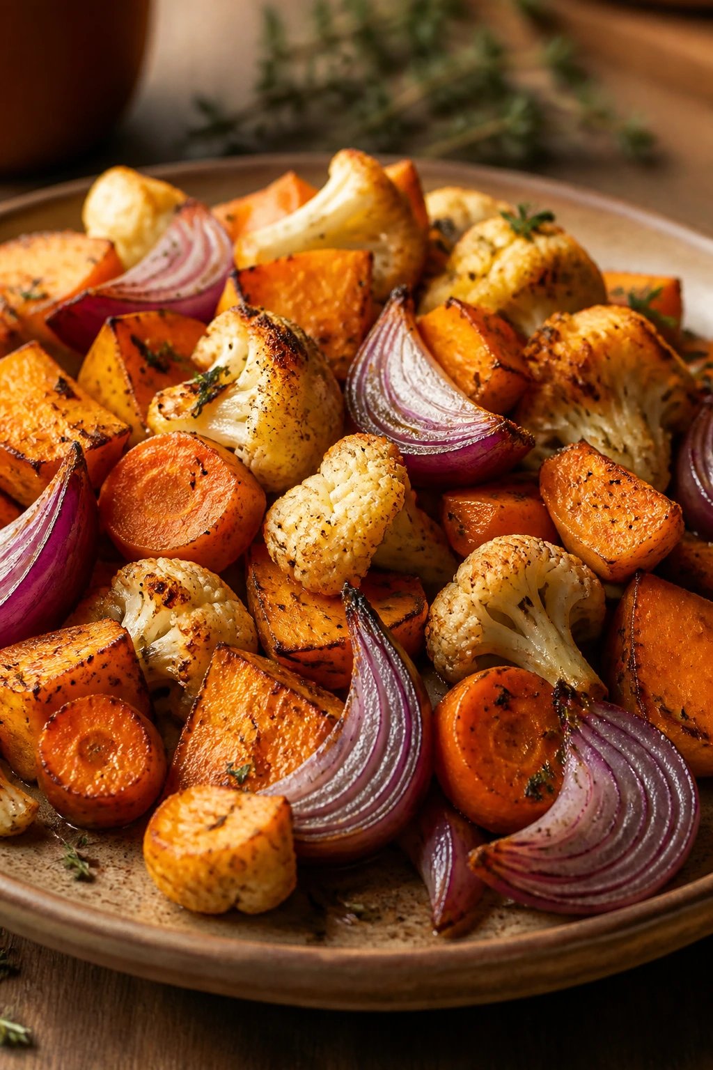 Colorful roasted vegetables ingredients arranged on plate