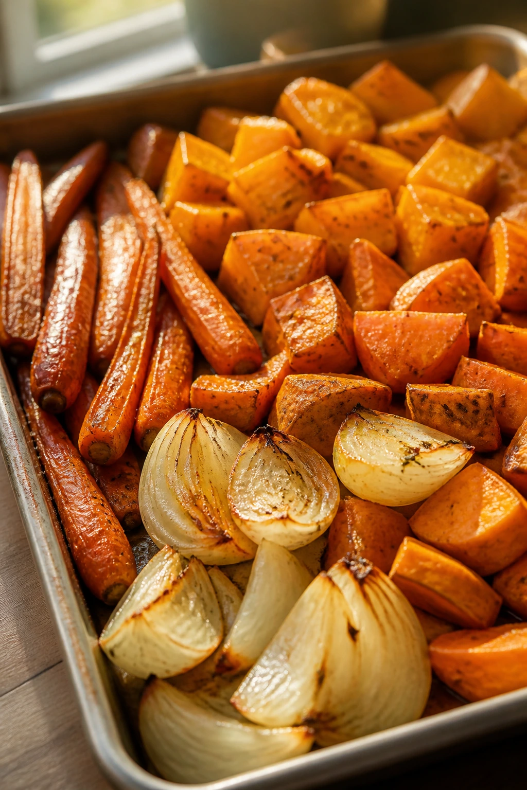 Close-up of jammy roasted vegetables ready to blend or mash