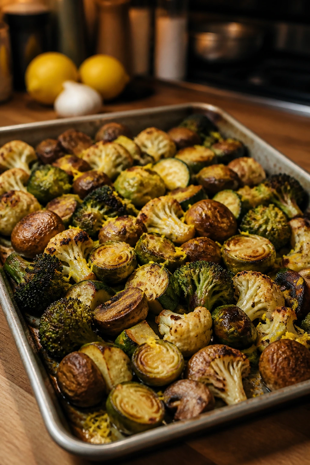 Close-up of a vibrant sheet pan of browned roasted vegetables filling the frame