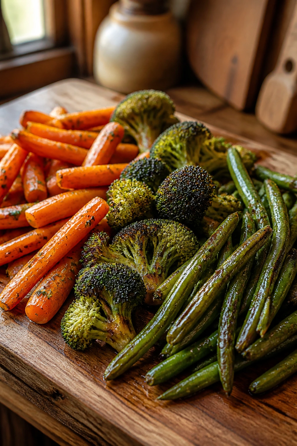 Close-up of colorful roasted vegetables on a wooden board