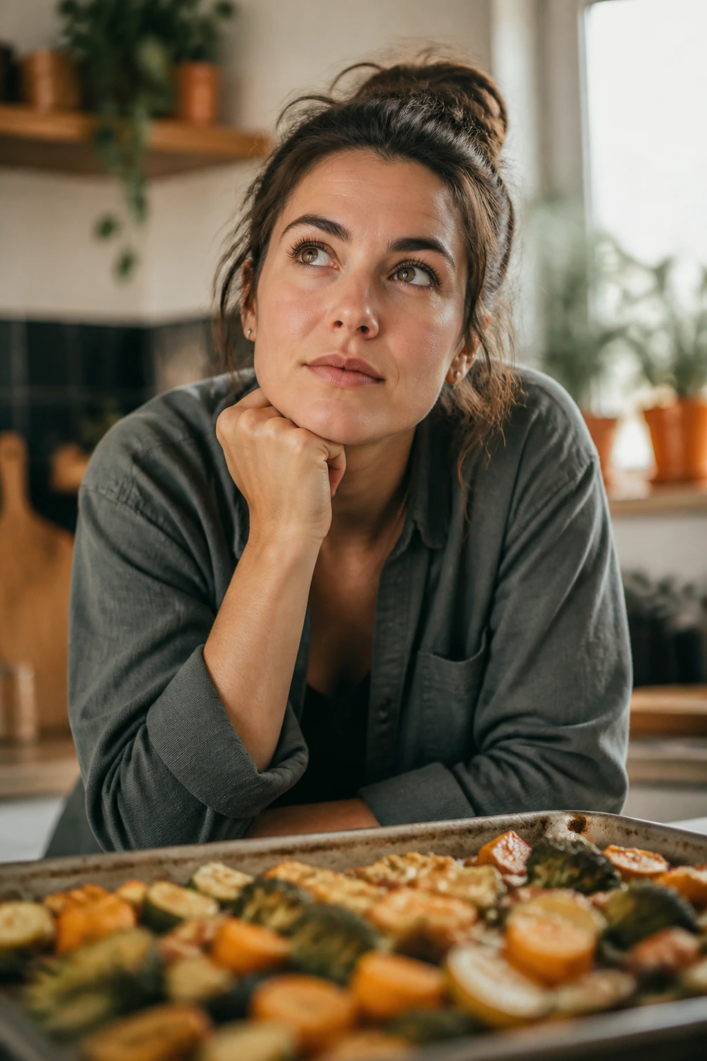 Real person in a warm kitchen, thoughtful about roasted meatless dinners