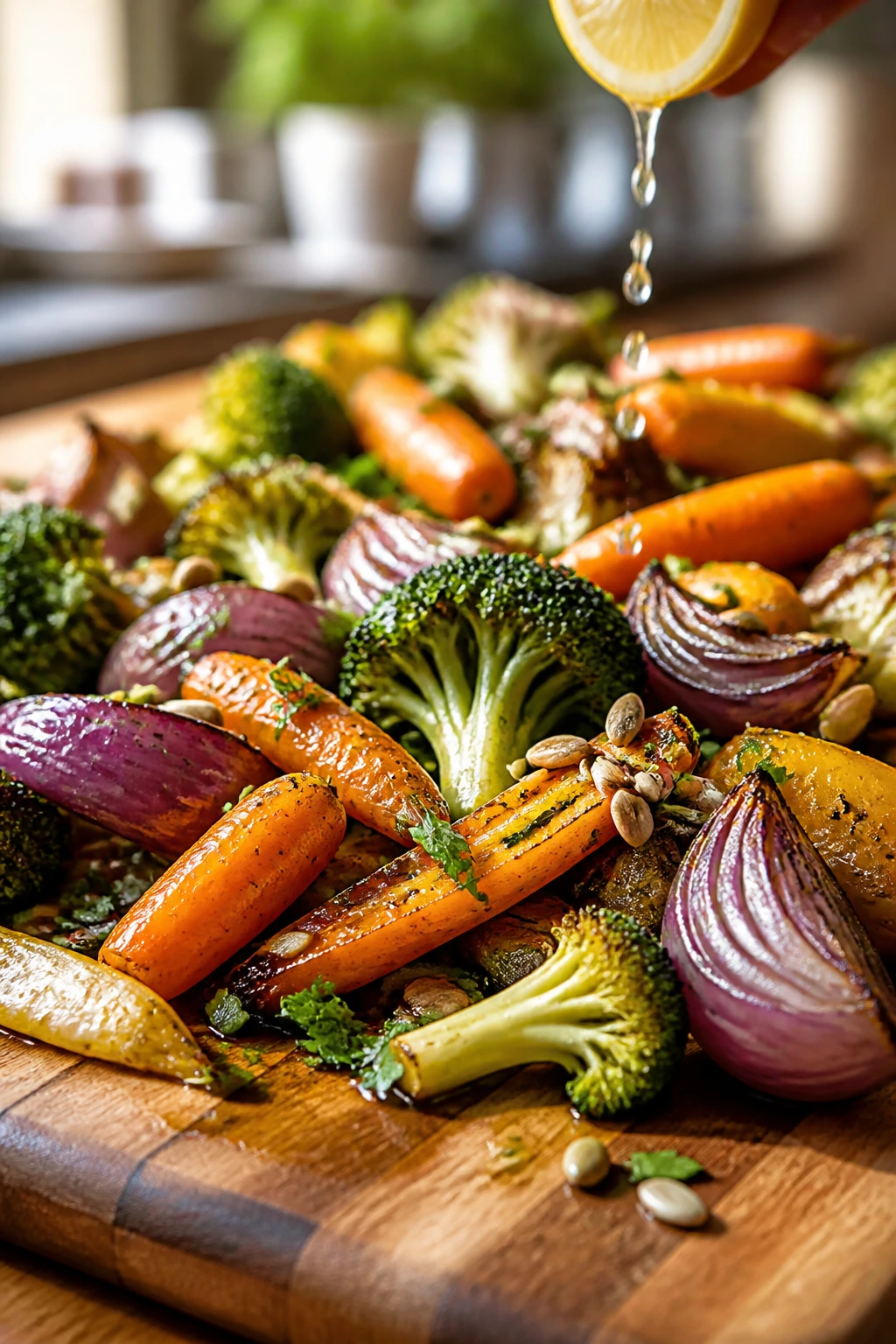 Roasted vegetables with lemon drizzle and seeds on a serving board